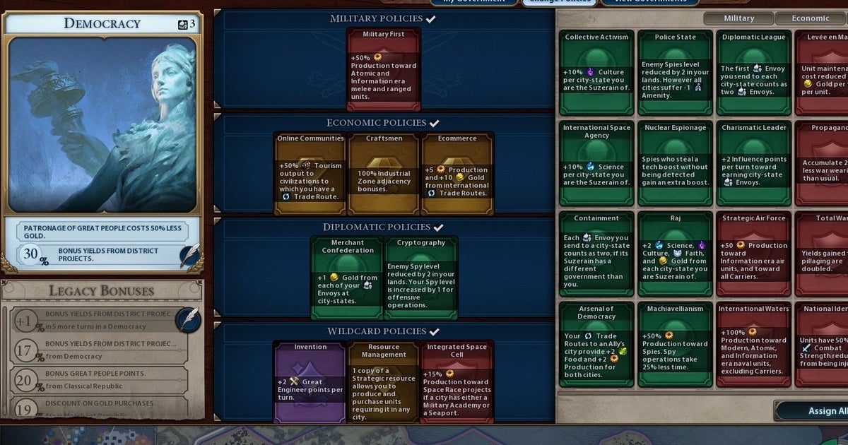 Civilization 6 Governments and Policies list - every Policy requirement, Government bonus, and more