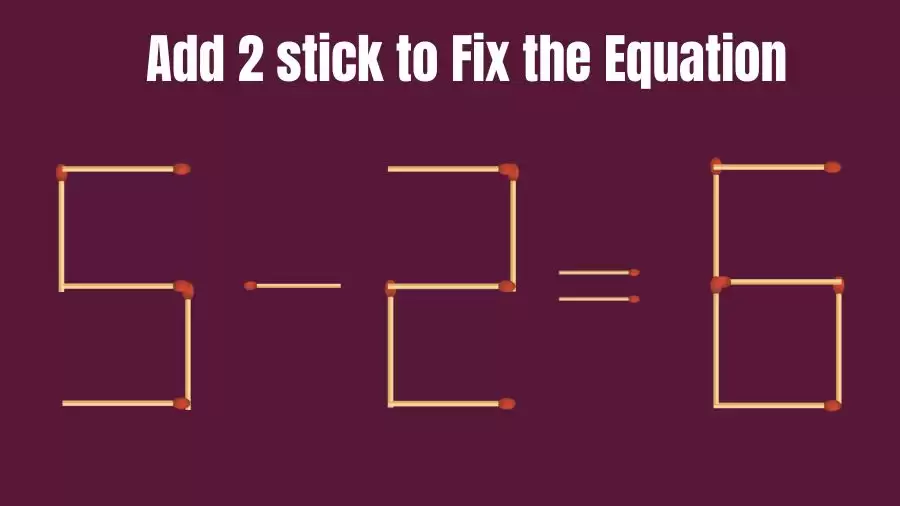 Brain Teaser Matchstick Puzzle: Can You Add 2 Sticks and Make the Equation 5-2=6 Right?