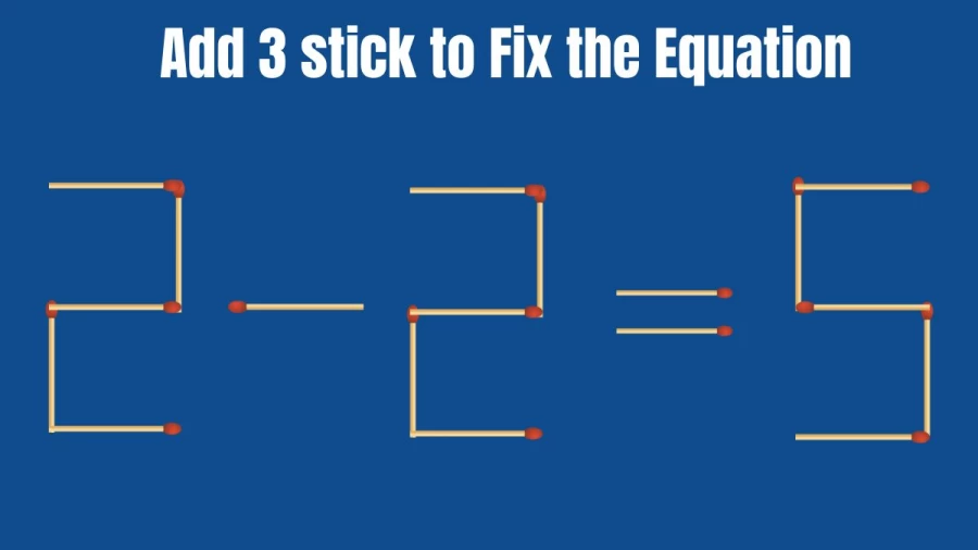 Brain Teaser Puzzle: Can you Add 3 Sticks to Make the Equation True 2-2=5?